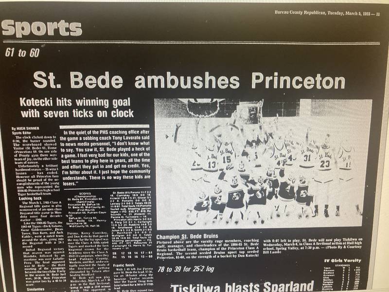 The Tuesday, March 5, 1985 edition of the BCR shows the headlines of St. Bede's 61-60 stunner over No. 5 ranked Princeton in the regional championship