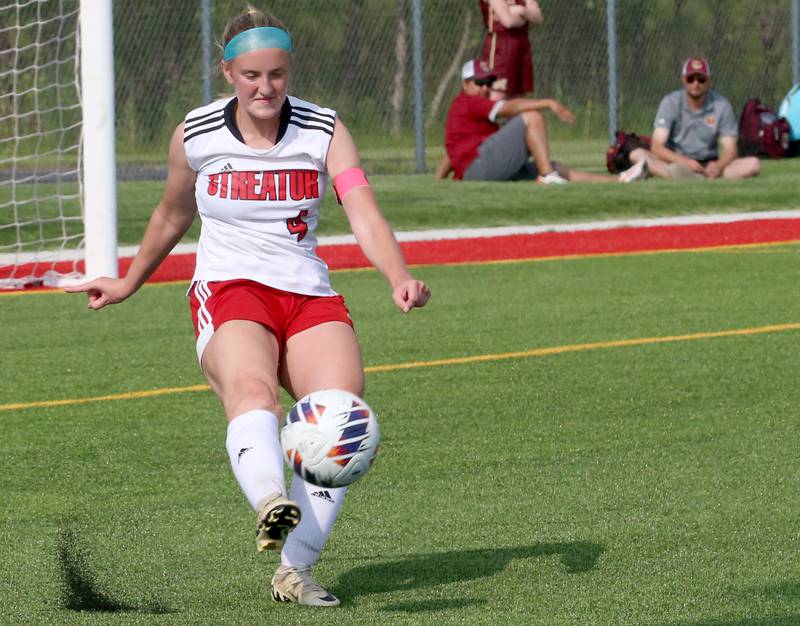 Streator's Josie Goerne kicks the ball out of the box against Morton during the Class 2A Regional semifinal game on Wednesday, May 15, 2024 at the L-P Athletic Complex in La Salle.
