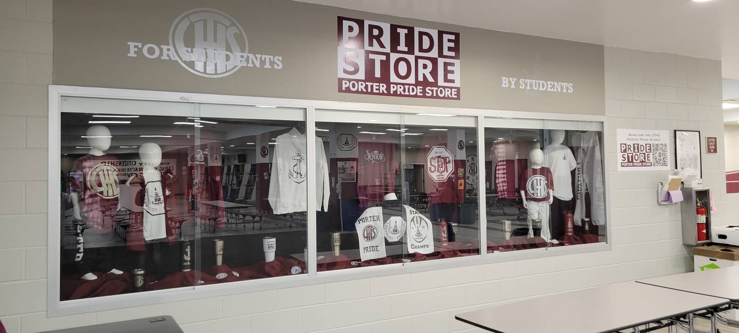 Students in the entrepreneurship class at Lockport Township High School oversee and produce merchandise for the Porter Pride Store, which currently occupies space in the LTHS bookstore. The Porter Pride Store always employs three students.
