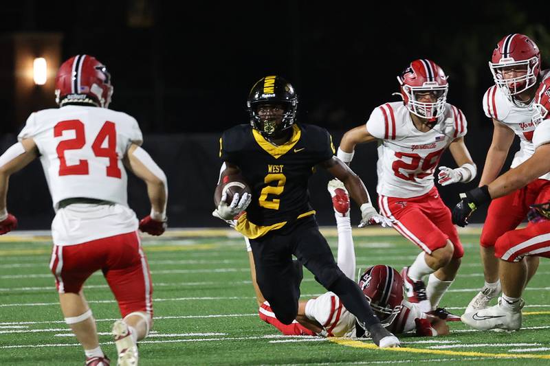 Joliet West’s Gerard Bush returns a punt against Yorkville on Friday, Sept. 13, 2024 in Joliet.