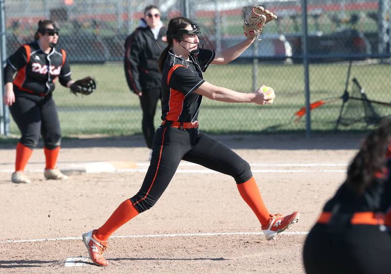 DeKalb's Ayla Baty-Gould delivers a pitch during their game against Sandwich Tuesday, March 19, 2024, at DeKalb High School.