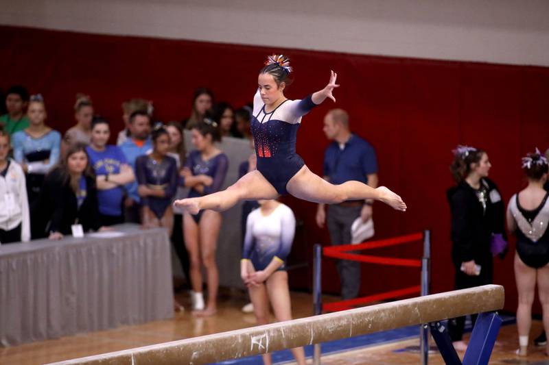 Oswego co-op’s Ava Sullivan competes on the balance beam during the IHSA Girls State Gymnastics Meet at Palatine High School on Friday, Feb. 16, 2024.