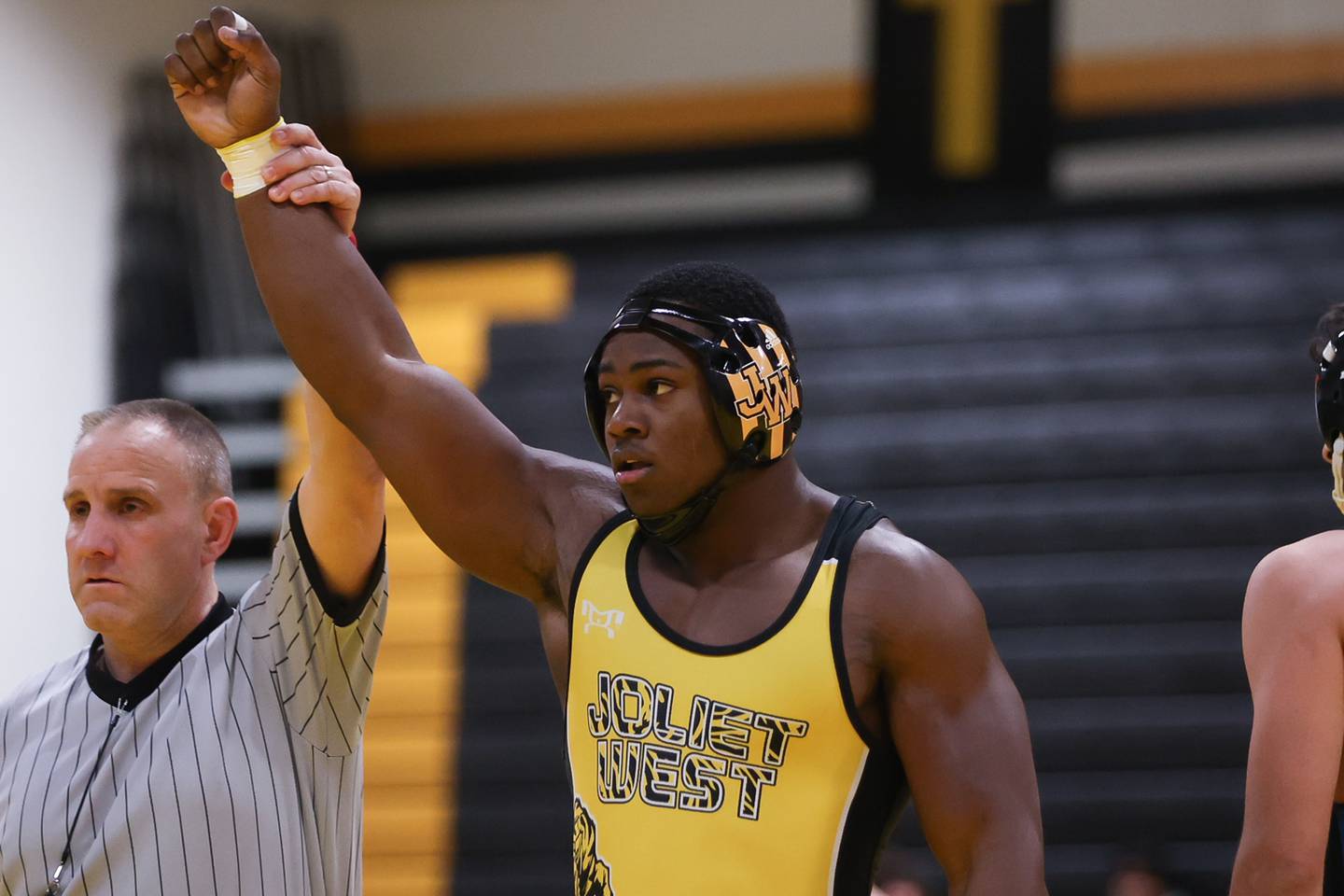 Joliet West’s Bryan McCoy wins by fall against Lincoln-Way East in the 220lb. match. Thursday, Jan. 27, 2022 in Joliet.
