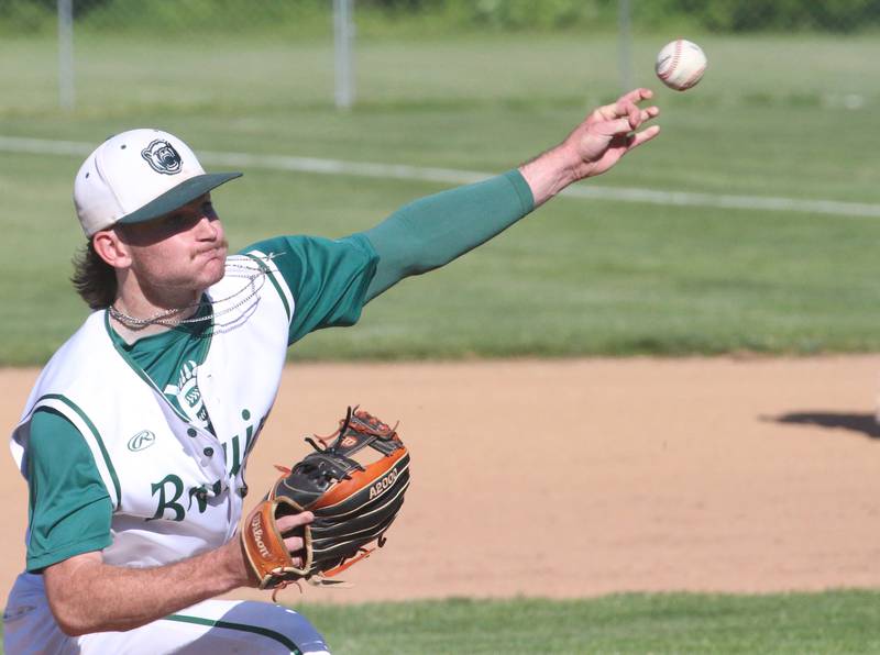 St. Bede pitcher Seth Ferrari lets go of a throw to Princeville during the Class 1A Regional semifinal game on Friday, May 17, 2024 at St. Bede Academy.