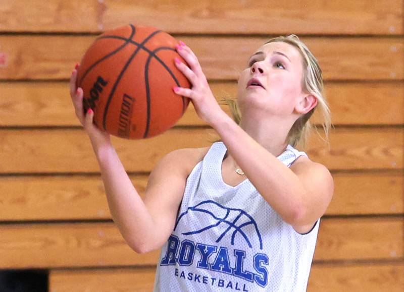 Hinckley-Big Rock's Anna Herrmann shoots a layup during practice Monday, June 10, 2024, at the school in Hinckley.