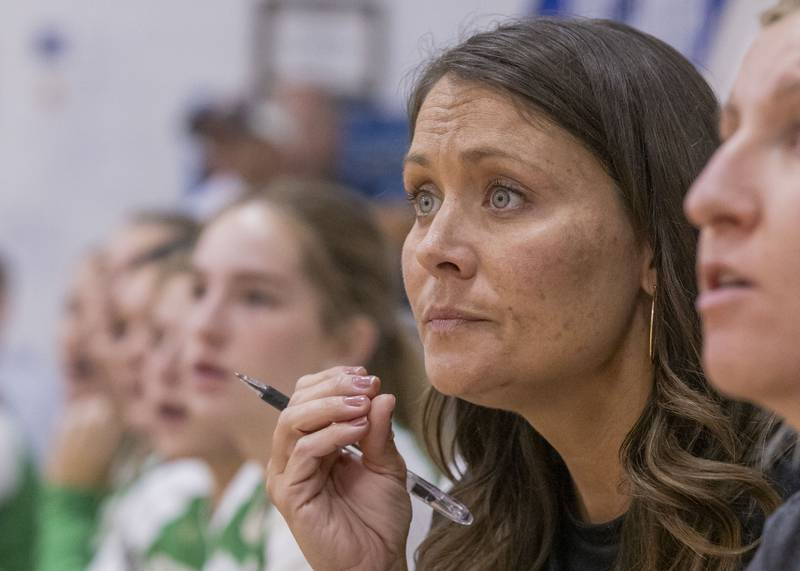 Seneca High School Freshmen coach, Hannah Maxwell anxiously watch the match's second set point against Newark Community High School on September 9, 2024.