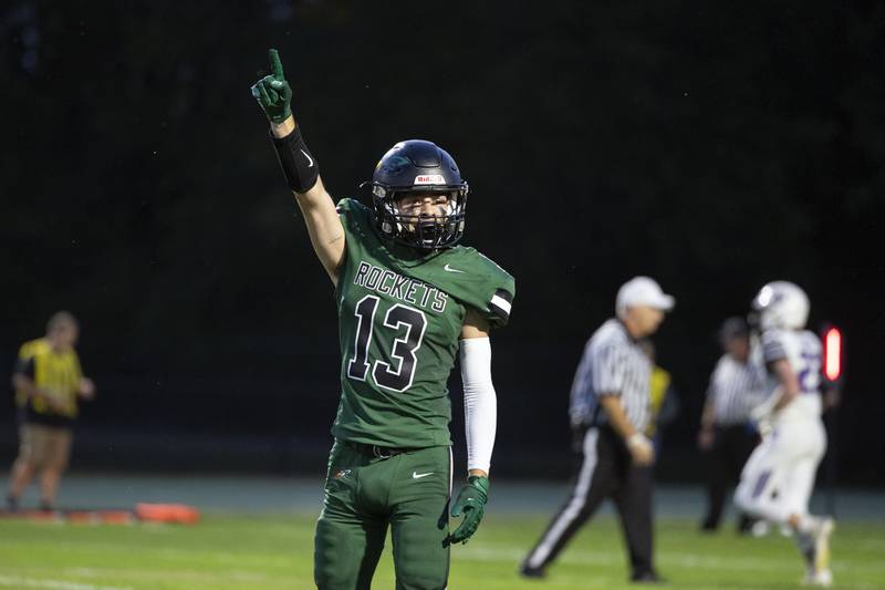 Rock Falls’ Maverick Johnson celebrates a TD against Dixon Friday, Sept. 13, 2024, at Hinders Field in Rock Falls.