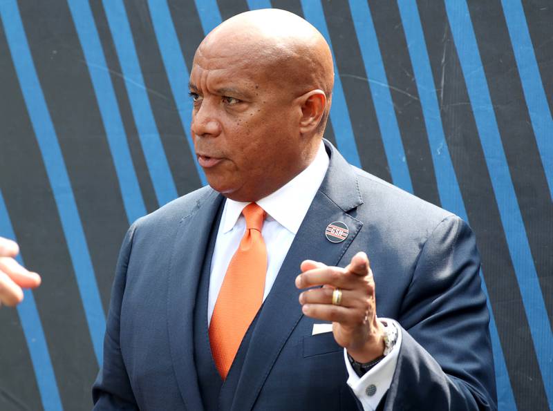 Chicago Bears President and Chief Executive Officer Kevin Warren on the sidelines before the Bears and Tennessee Titans game Sunday, Sept. 8, 2024, at Soldier Field in Chicago.