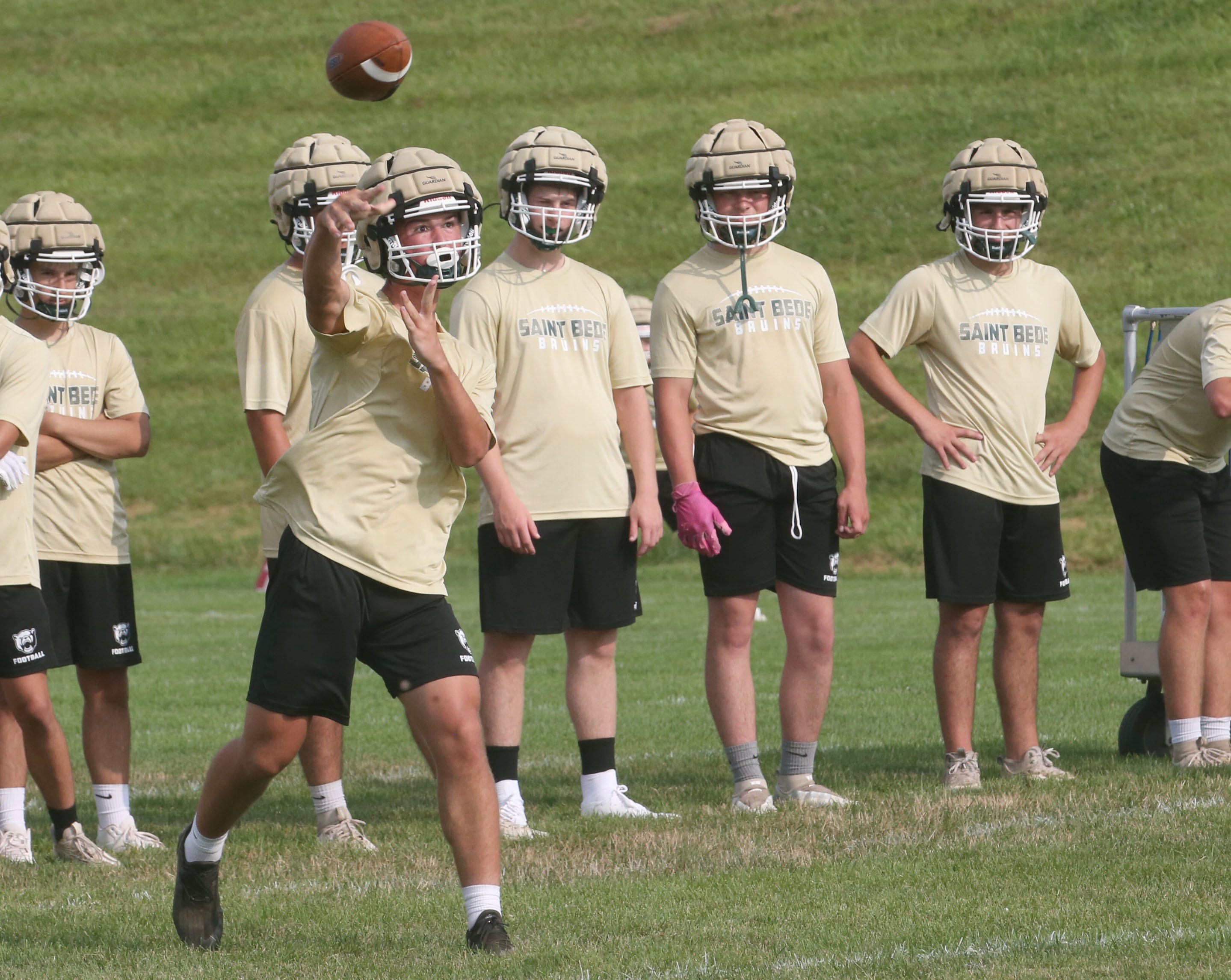 St. Bede quarterback AJ Hermes throws a pass during a 7-on-7 meet against Ottawa on Wednesday, July 24, 2024 at Ottawa High School.