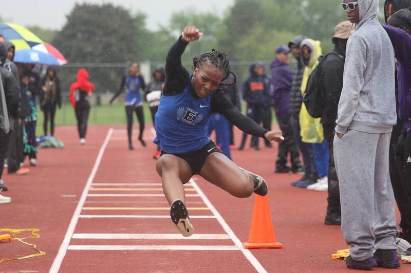 Lincoln-Way East’s Aria Henry competes in the Girls Long Jump at the Class 3A Lockport Setionals on Thursday, May 9, 2024 in Lockport.