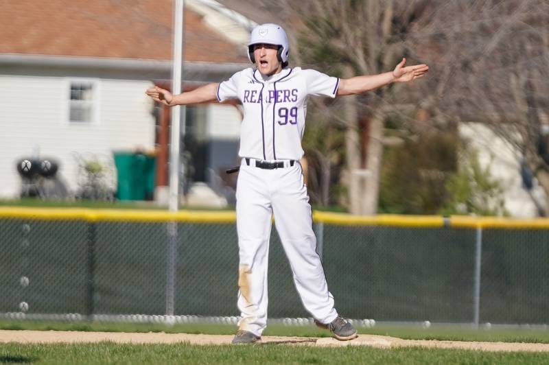 Plano's Kaden Aguirre (99) reacts after hitting a three run double against Marengo during a baseball game at Plano High School on Monday, April 8, 2024.