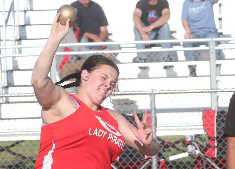 Ottawa's Krisee Clark competes in the shot put during the Interstate 8 conference track meet on Friday, May 3, 2024 at the L-P Athletic Complex in La Salle.