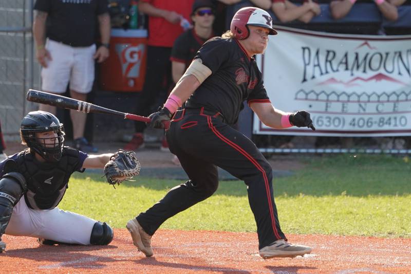 Yorkville's Kameron Yearsley (17) slaps a double against Neuqua Valley during a Class 4A Neuqua Valley Regional semifinal baseball game at Neuqua Valley High School in Naperville on Thursday, May 23, 2024.