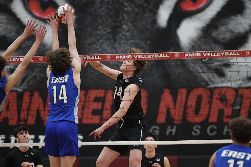 Plainfield North’s Dylan Sherry hits a shot against Lincoln-Way East on Tuesday, April 2, 2024.