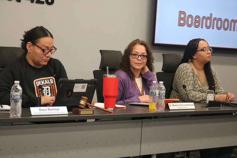 Superintendent Minerva Garcia Sanchez (center) sitting in on a tax levy discussion had April 9, 2024 during the DeKalb School District 428 board meeting.