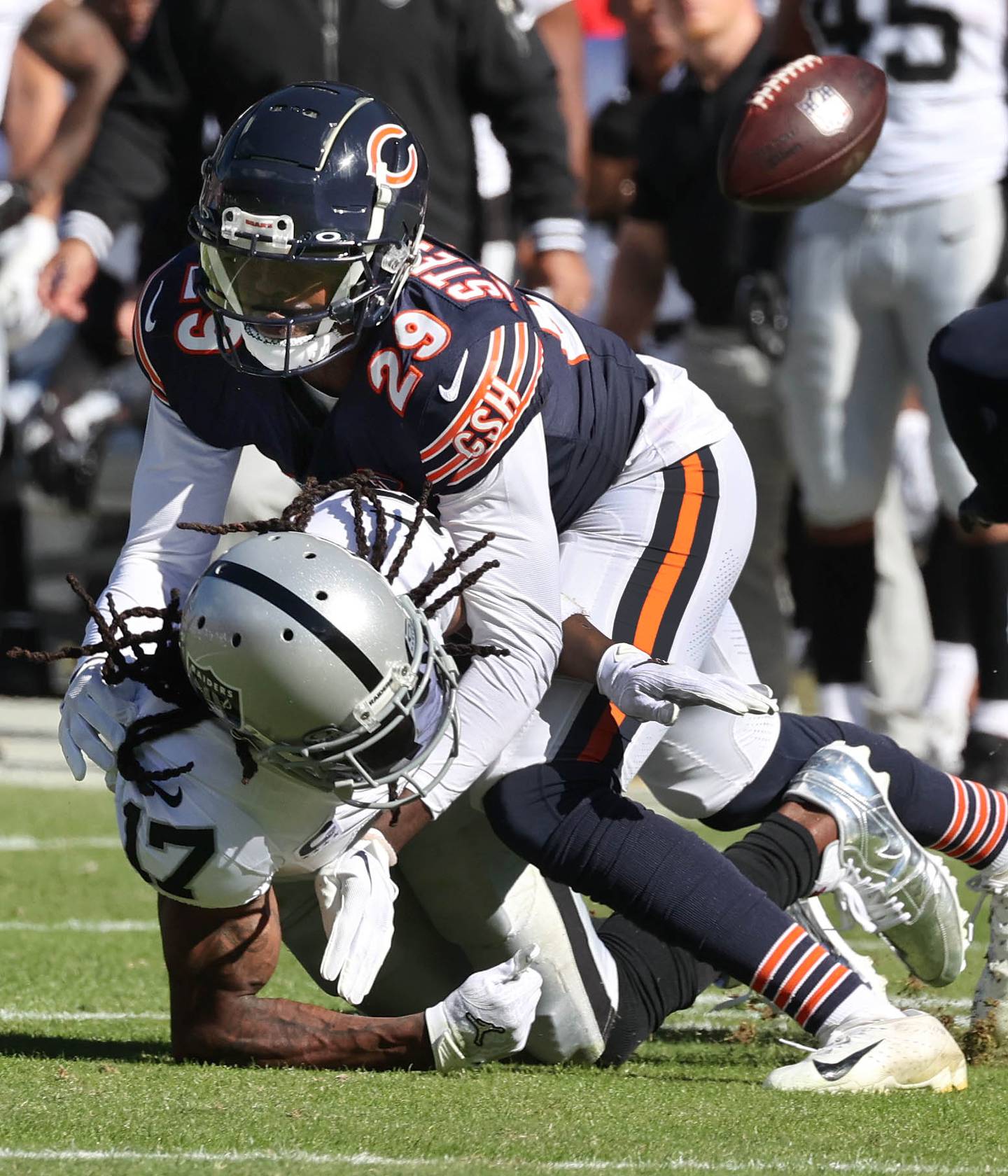 Chicago Bears cornerback Tyrique Stevenson breaks up a pass intended for Las Vegas Raiders wide receiver Davante Adams during their game Sunday, Oct. 22, 2023, at Soldier Field in Chicago.
