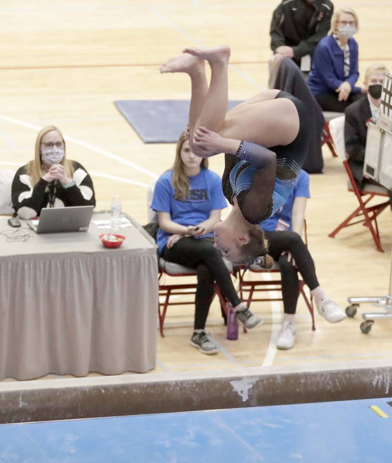 Downers Grove South’s Katrina Carlson competes on the Balance Beam during the IHSA Girls Gymnastics State Finals Saturday February 19, 2022 at Palatine High School.