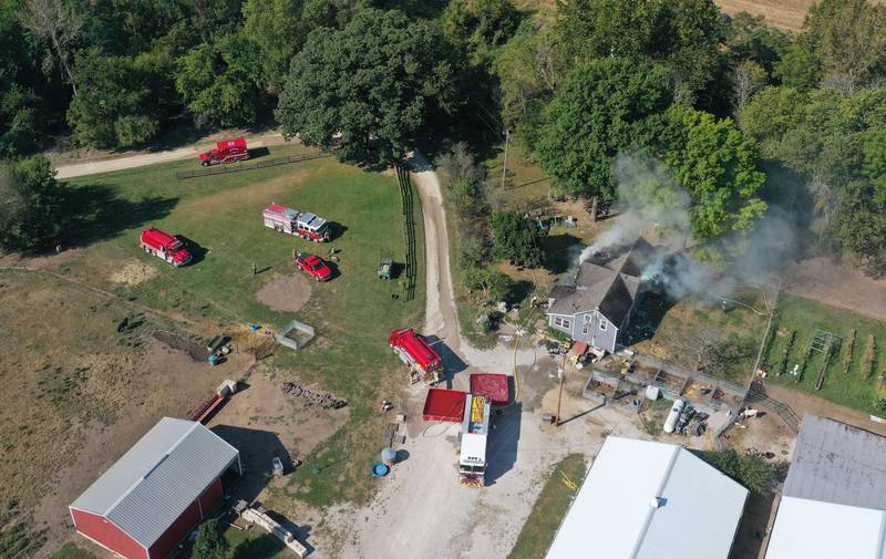 Smoke billows from a home in the 1300 block of 2500 East Street on Tuesday, Sept. 17, 2024 in rural Princeton Fire departments from eastern Bureau County were called to the scene just before 9:30a.m.