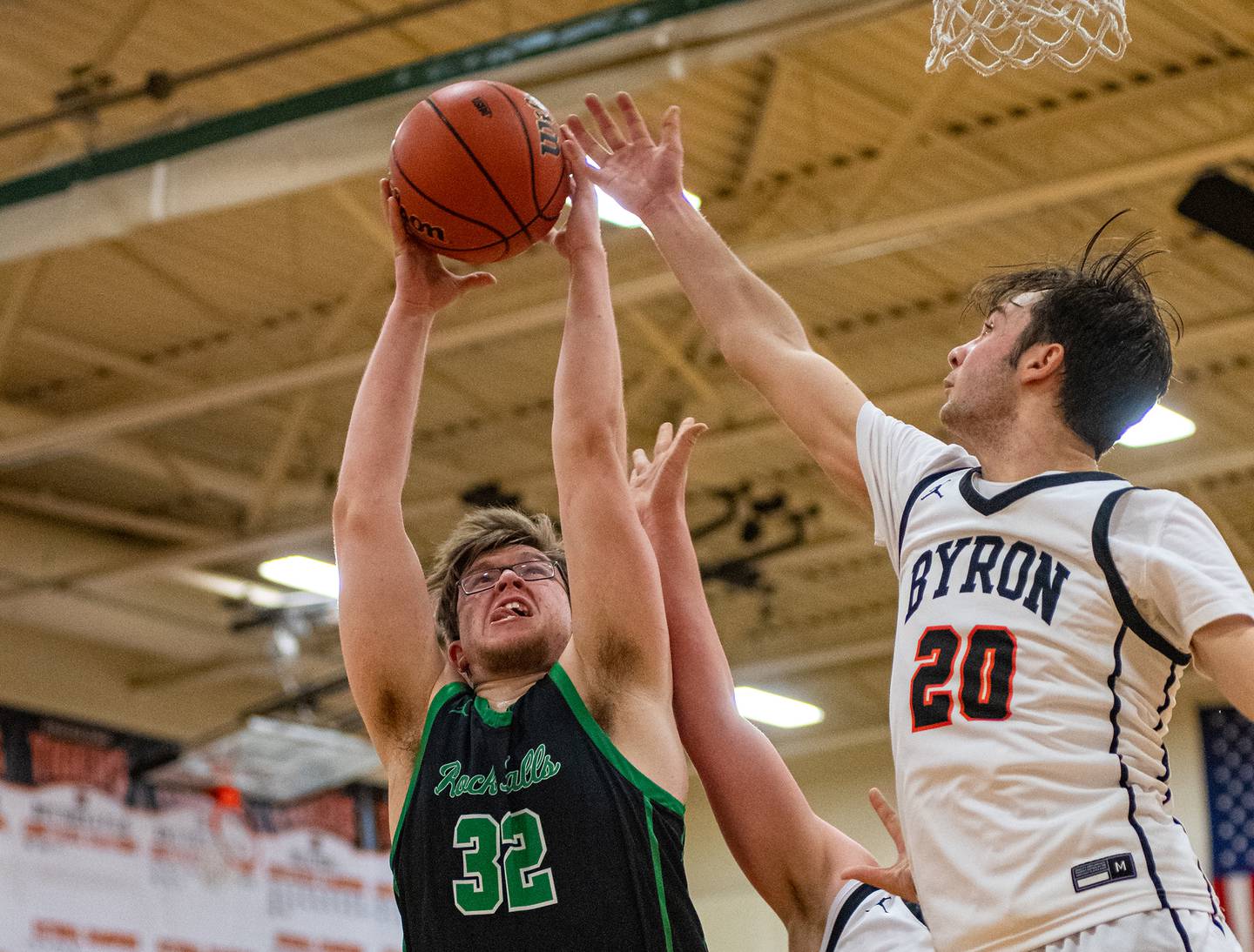 Rock Falls' Chevy Bates grabs a rebound against Byron's Nick Kesler during the second quarter of the 2A Byron Regional championship game on Saturday, Feb. 25, 2023.