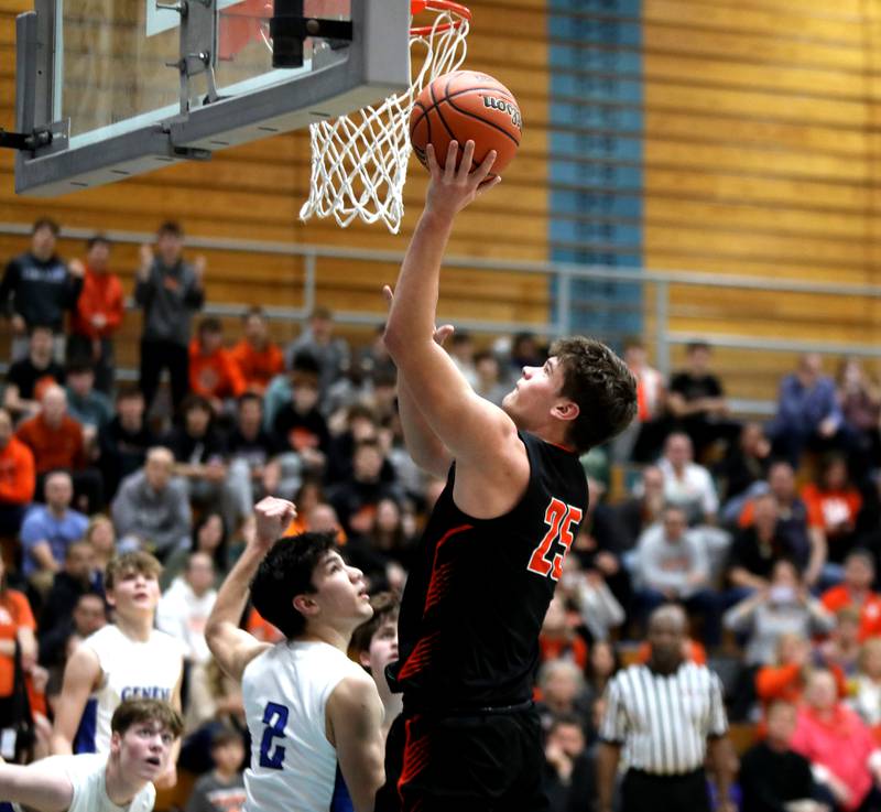 Wheaton Warrenville South’s Brady Goken gets the ball to the basket during a Class 4A Willowbrook Regional semifinal game against Geneva on Wednesday, Feb. 21, 2024.