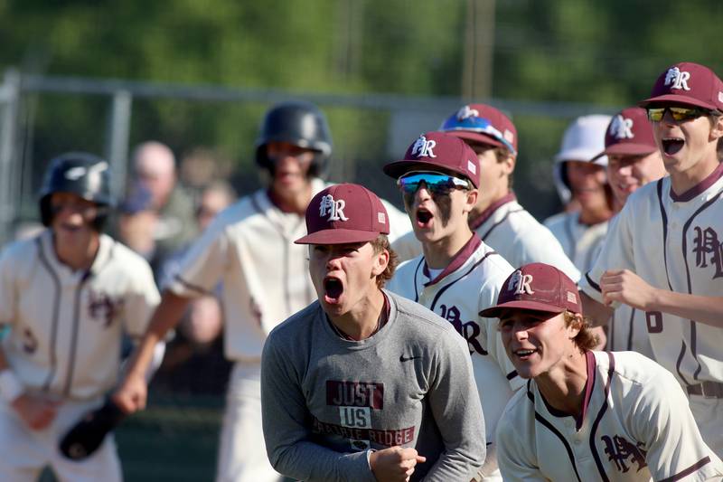 Prairie Ridge’s Wolves prepare to greet Tyler Vasey on a home run against Woodstock North in Class 3A Regional baseball action at Cary Thursday.