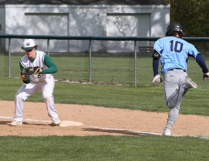 St. Bede's Luke Tunnell makes a catch at first base to force out Bureau Valley's Sam Wright on Monday, May 1, 2023 at St. Bede Academy.