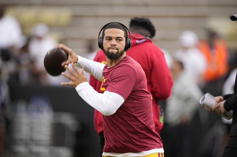 USC quarterback Caleb Williams warms up before a game Saturday, Sept. 30, 2023, in Boulder, Colo.