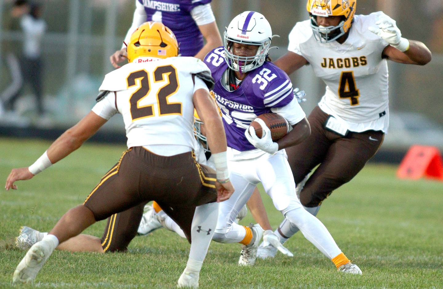 Hampshire’s Tymere Marshall runs the ball against Jacobs in varsity football on Friday, Sept. 6, 2024, at Hampshire School in Hampshire.