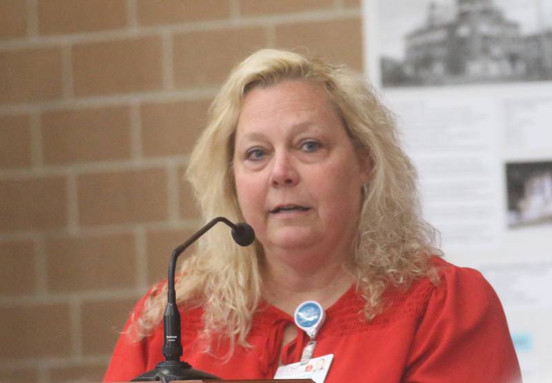 Dawn Trompeter, president of OSF St. Elizabeth Medical Center speaks to the Illinois Health Facilities and Services Review Board during a hearing on Thursday, June 13, 2024 at Central Intermediate School in Ottawa.