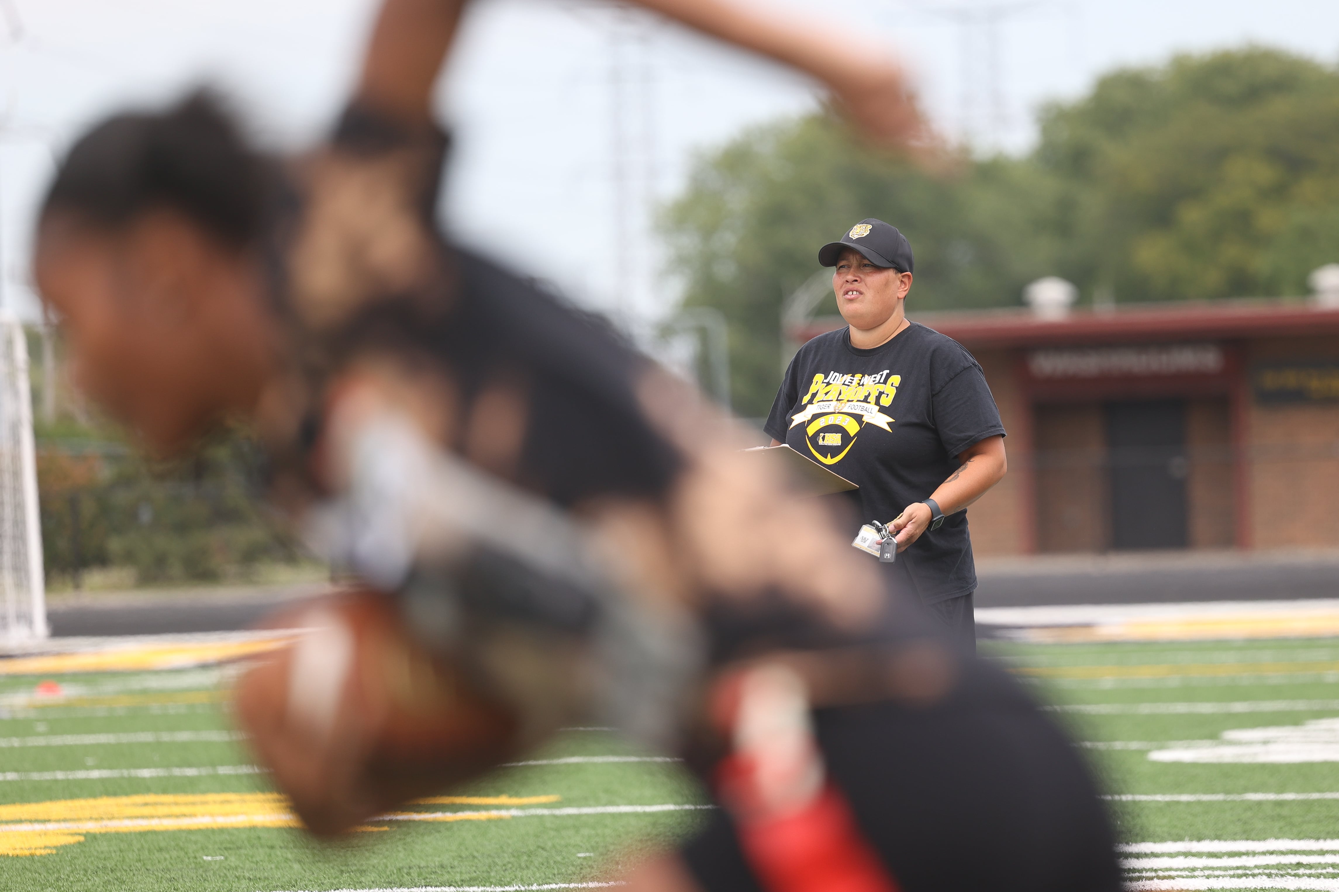 Joliet West’s Tish Evans holds tryouts for girls flag football on Monday, Aug. 12, 2024  at Joliet West High School.