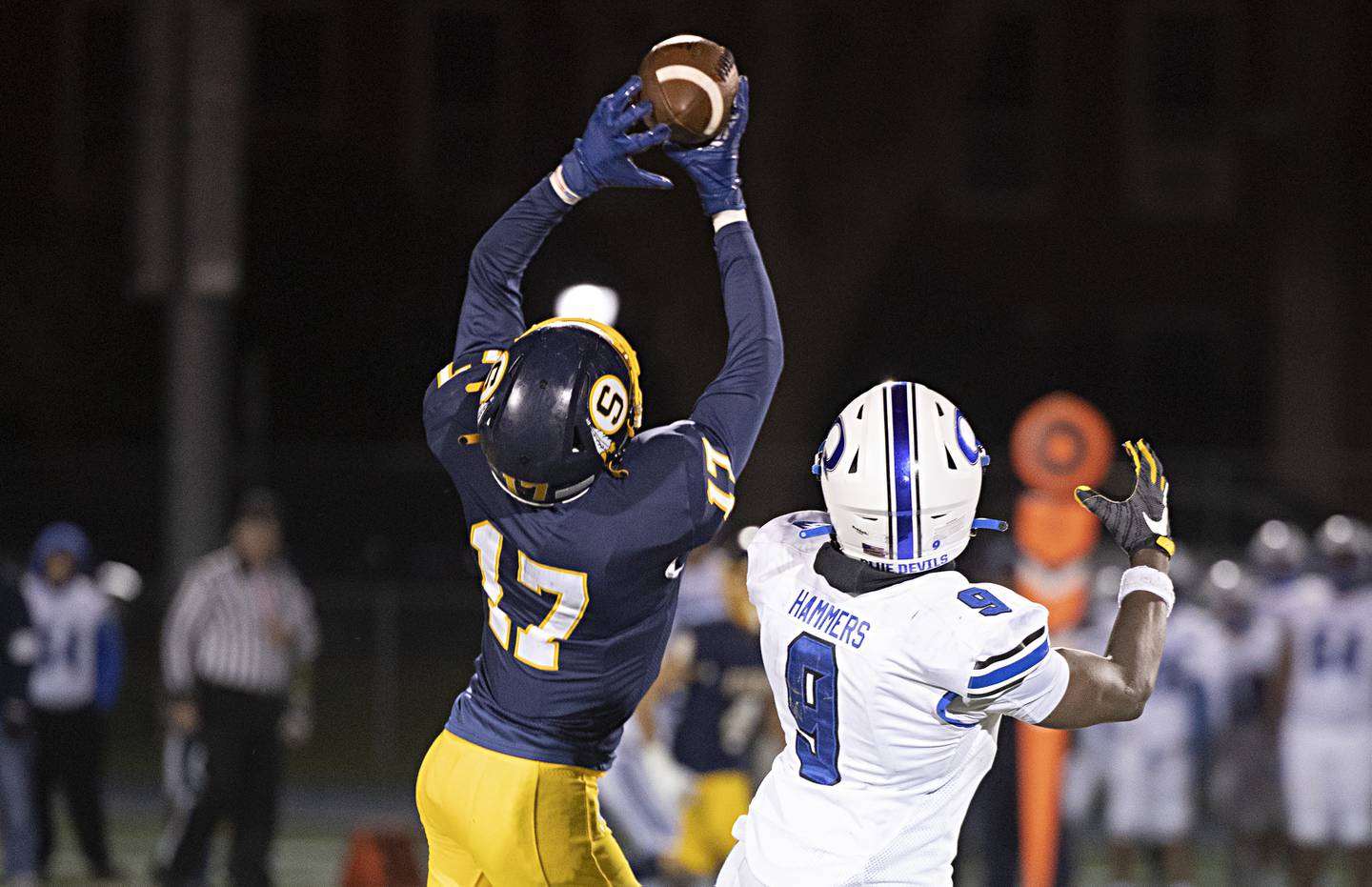 Sterling’s Kaedon Phillips intercepts a pass intended for Quincy’s Tykell Hammers Friday, Oct.6, 2023 in Sterling.