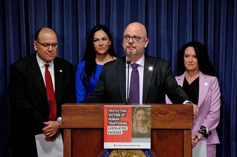 Republican representatives are pictured at a March news conference Springfield, which they called to promote bills aimed at protecting human trafficking victims. Pictured at the podium is Rep. Jeff Keicher, R-Sycamore. Other lawmakers from left to right are Rep. Brad Stephens, R-Rosemont; Rep. Nicole La Ha, R-Homer Glen; and Rep. Jennifer Sanalitro, R-Hanover Park.