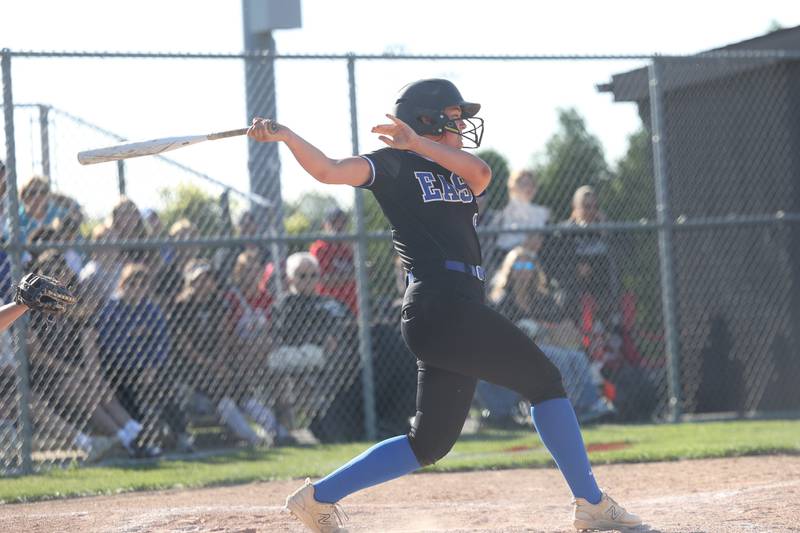 Lincoln-Way East’s Cassidy Jagielski connects against Lincoln-Way Central in the Class 4A Lincoln-Way Central Sectional semifinal on Wednesday, May 29, 2024 in New Lenox.