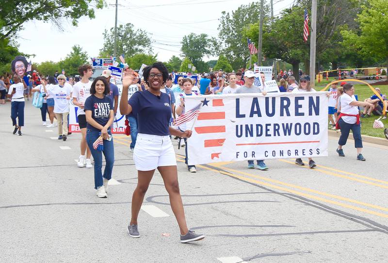 U.S. Rep. Lauren Underwood marches in the Yorkville Independence Day Parade on Thursday, July 4, 2024 in Yorkville.