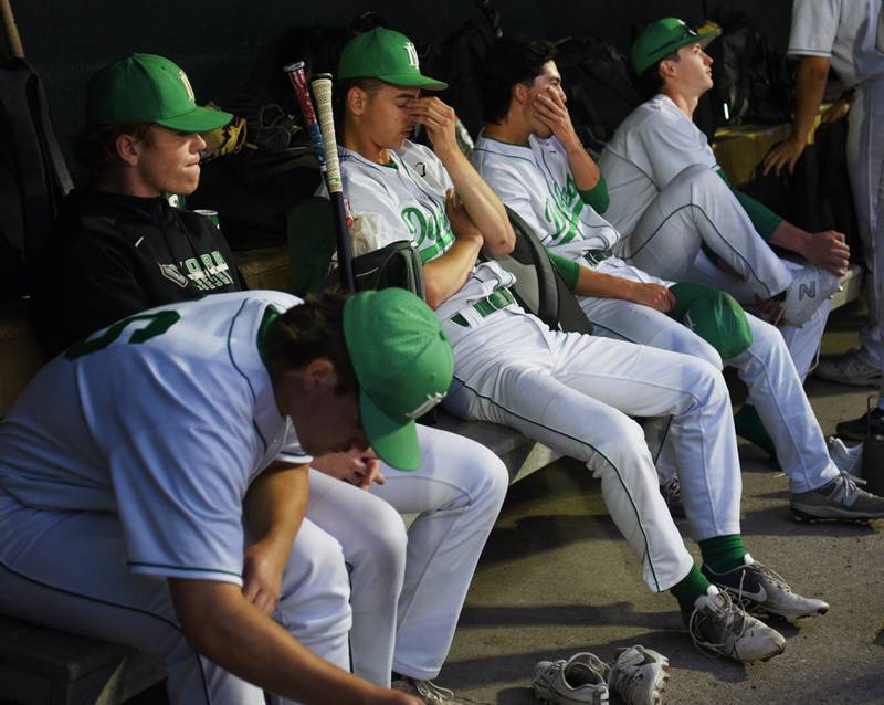 York players react to their team’s 1-0 loss to Conant during the Class 4A state baseball semifinal at Duly Health and Care Field on Friday, June 7, 2024 in Joliet.