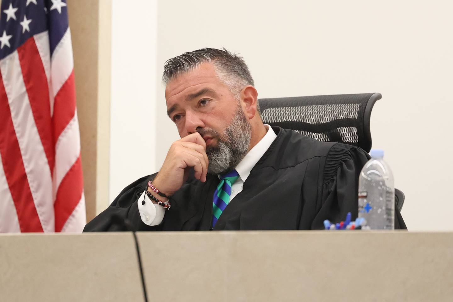 Judge Dave Carlson listens to opening statements at the Erin Zilka trial at the Will County Courthouse on June 27th, 2023 in Joliet. The former Joliet police officer Erin Zilka is on trial on aggravated DUI charges following a deadly 2020 crash where her passenger, Berwyn police officer Charles Schauer, 33, of Glen Ellyn, was killed.