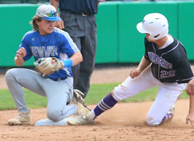 Newman's Garet Wolfe misses a tag on Wilmington's Lucas Rink during the Class 2A third place game on Saturday, June 1, 2024 at Dozer Park in Peoria.