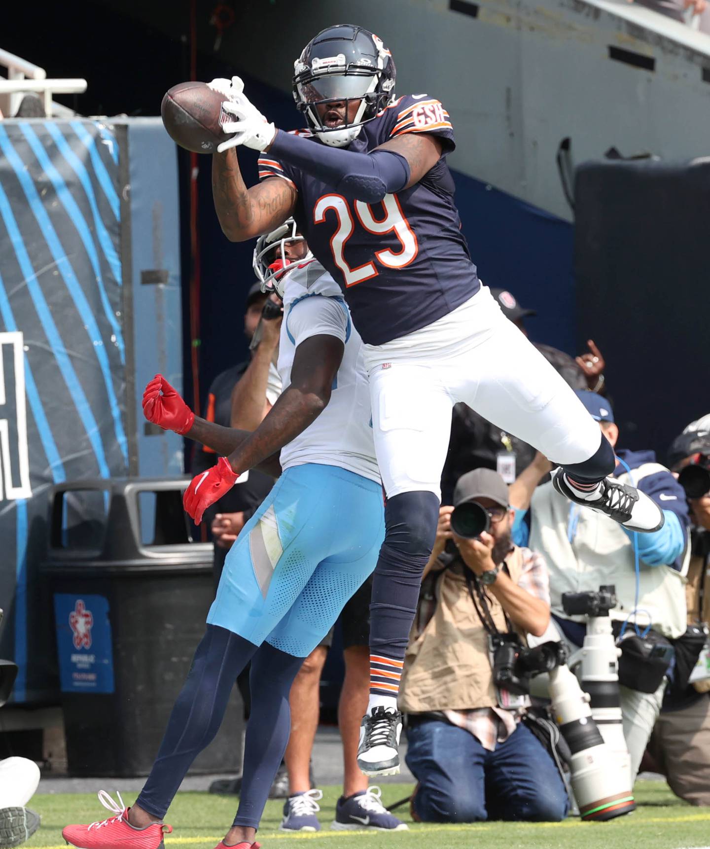 Chicago Bears cornerback Tyrique Stevenson defends a pass intended for Tennessee Titans wide receiver Calvin Ridley during their game Sunday, Sept. 8, 2024, at Soldier Field in Chicago. The Bears were offsides on the play resulting in a first down.