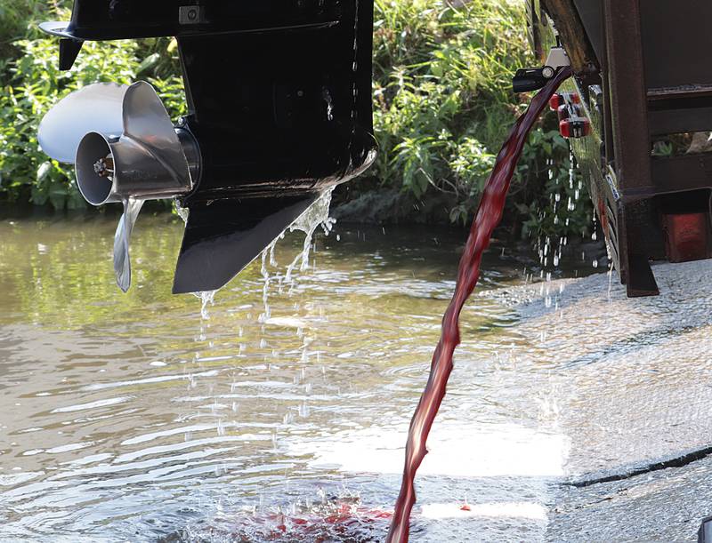 Asian carp bleed instantly when they are taken out of water. Here, blood gushes out from the back of a flat-bottom boat carrying the fish on Thursday, Nov. 3, 2022 at the Starved Rock Marina near Ottawa. Their gills are a lot denser and abundant in blood vessels that cause the fish to bleed easy.