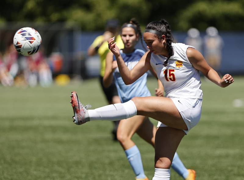 Richmond-Burton's Bri Maldonado (15) takes a shot during the Class 1A Dominican super-sectional between Willows Academy and Richmond-Burton HS in River Forest on Saturday, May 25, 2024.
