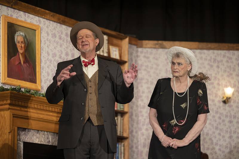 John Chase, playing the part of Ellwood Dowd rehearses a scene with Mary Jo Frederick, playing Ethel Chauvenet, in PACT’s rendition of “Harvey” Wednesday, May 1, 2024. PACT will perform the show May 3, 4 and 10 at 7pm and May 5 and 11 at 2pm at the Polo City Hall theater.