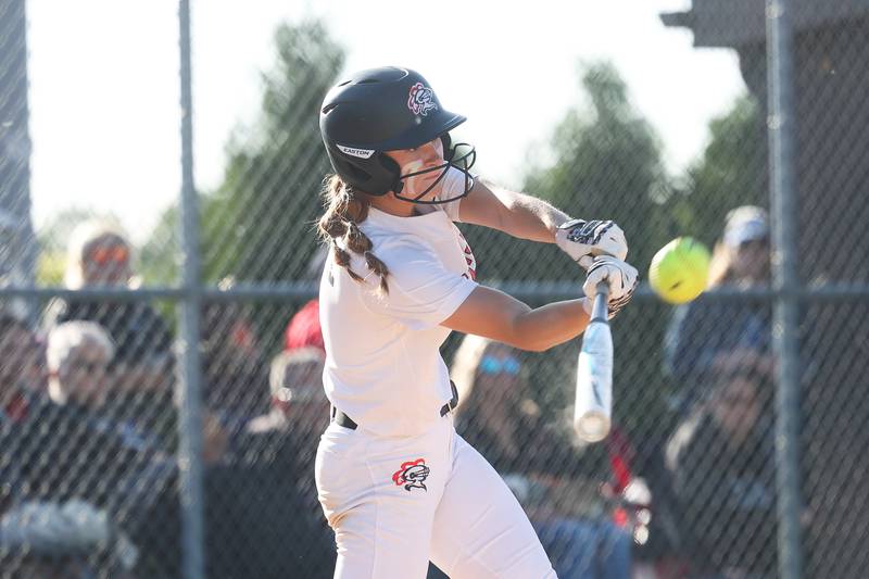 Lincoln-Way Central’s Kendall Pearson drives in a run against Lincoln-Way East in the Class 4A Lincoln-Way Central Sectional semifinal on Wednesday, May 29, 2024 in New Lenox.