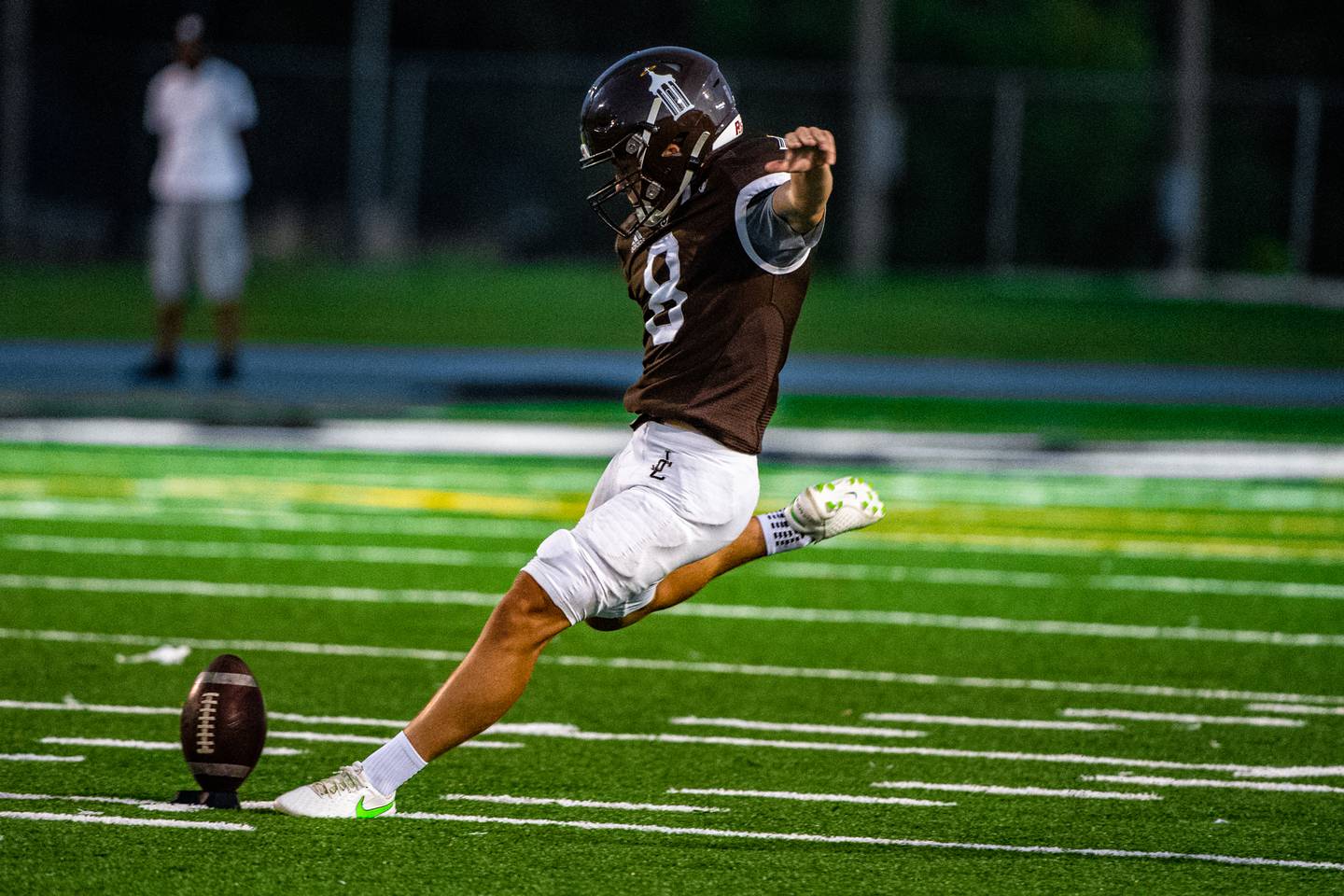 Joliet Catholic's Patrick Durkin kicks off the game against Immaculate Conception on Friday, Sept. 2, 2022, at Memorial Stadium in Joliet.