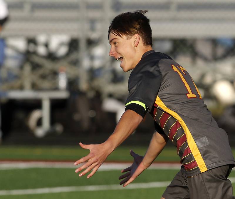 Richmond-Burton's Joseph Kyes celebrates a goal during the IHSA Class 1A Richmond-Burton Regional Final soccer match against Winnebago Tuesday, Oct. 17, 2023, at Richmond-Burton High School in Richmond.