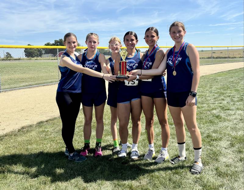 The Bureau Valley girls cross country team won Saturday's Forreston Invite with four girls (from left) placing in the top 12 - Gemma Moore (4th), Leah House (10th), Summer Hamilton  (11th) and Myah Nugent (12th).