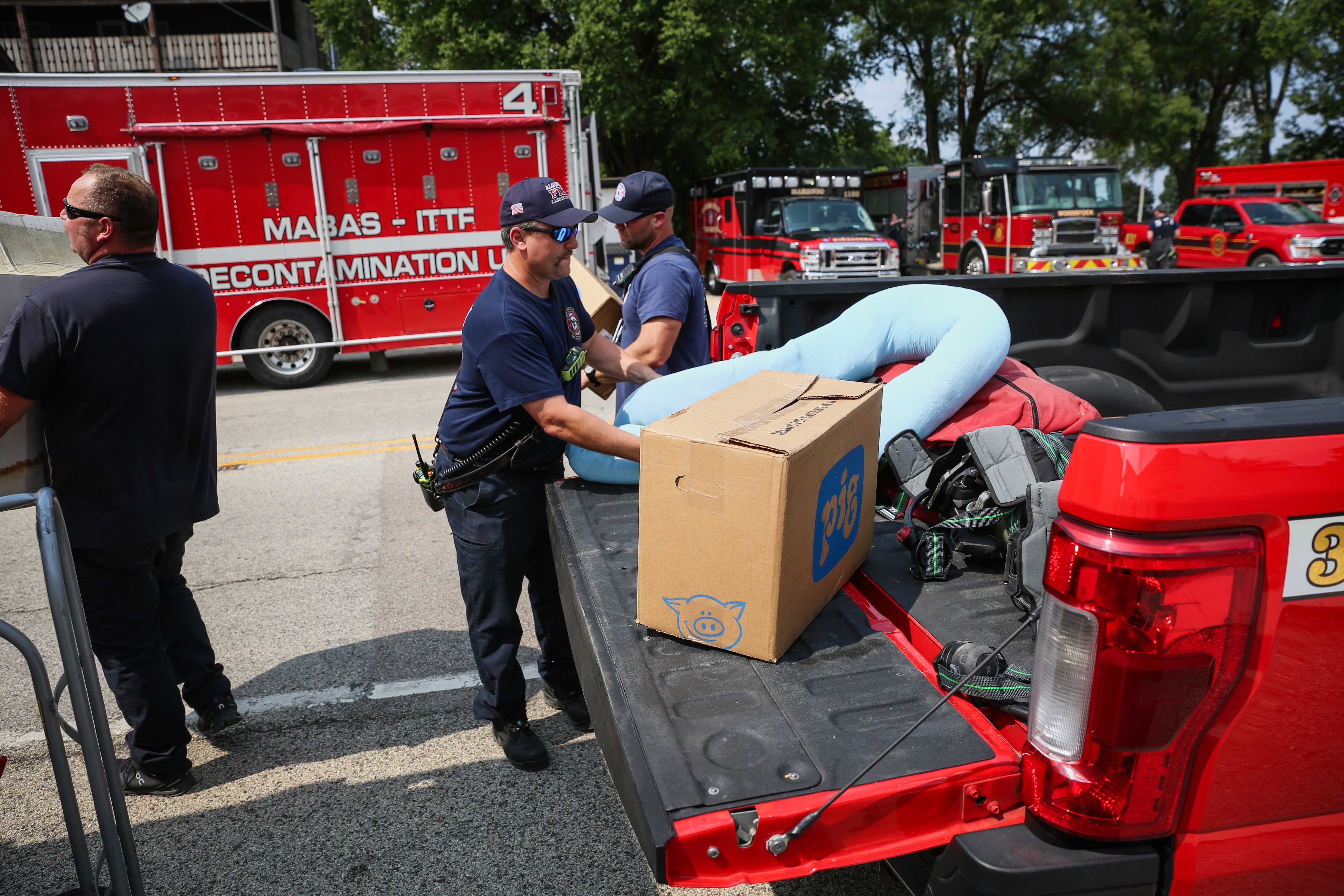 Crews respond to a gas spill at the Fast Stop gas station in Hebron July 22, 2024.