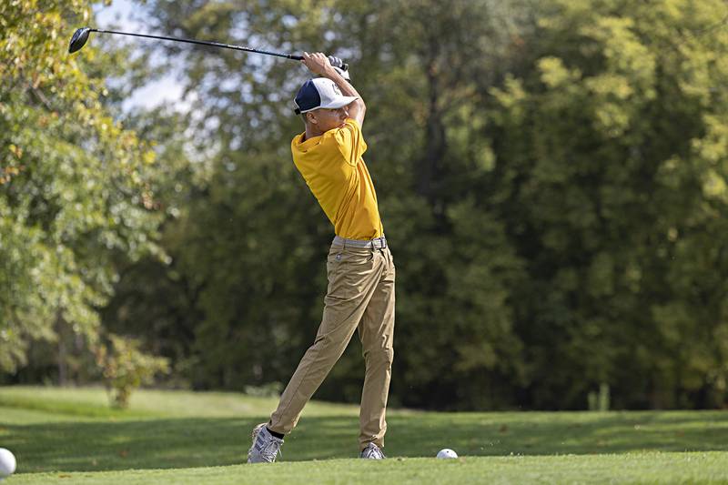 Sterling’s Troy Lawrence tees off on #1 Wednesday, Sept. 27, 2023 during the class 2A golf regionals at Deer Valley Country Club.