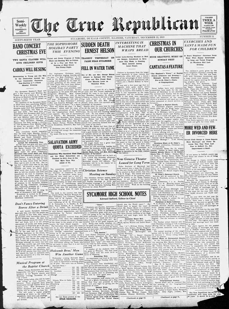 The front page of the Sycamore True Republican newspaper from Dec. 22, 1923.