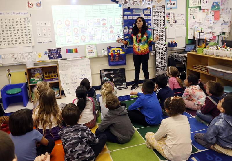 Kindergarten teacher Janet Moritz teaches her class Thursday, April 20, 2023, at Verda Dierzen Early Learning Center in Woodstock.