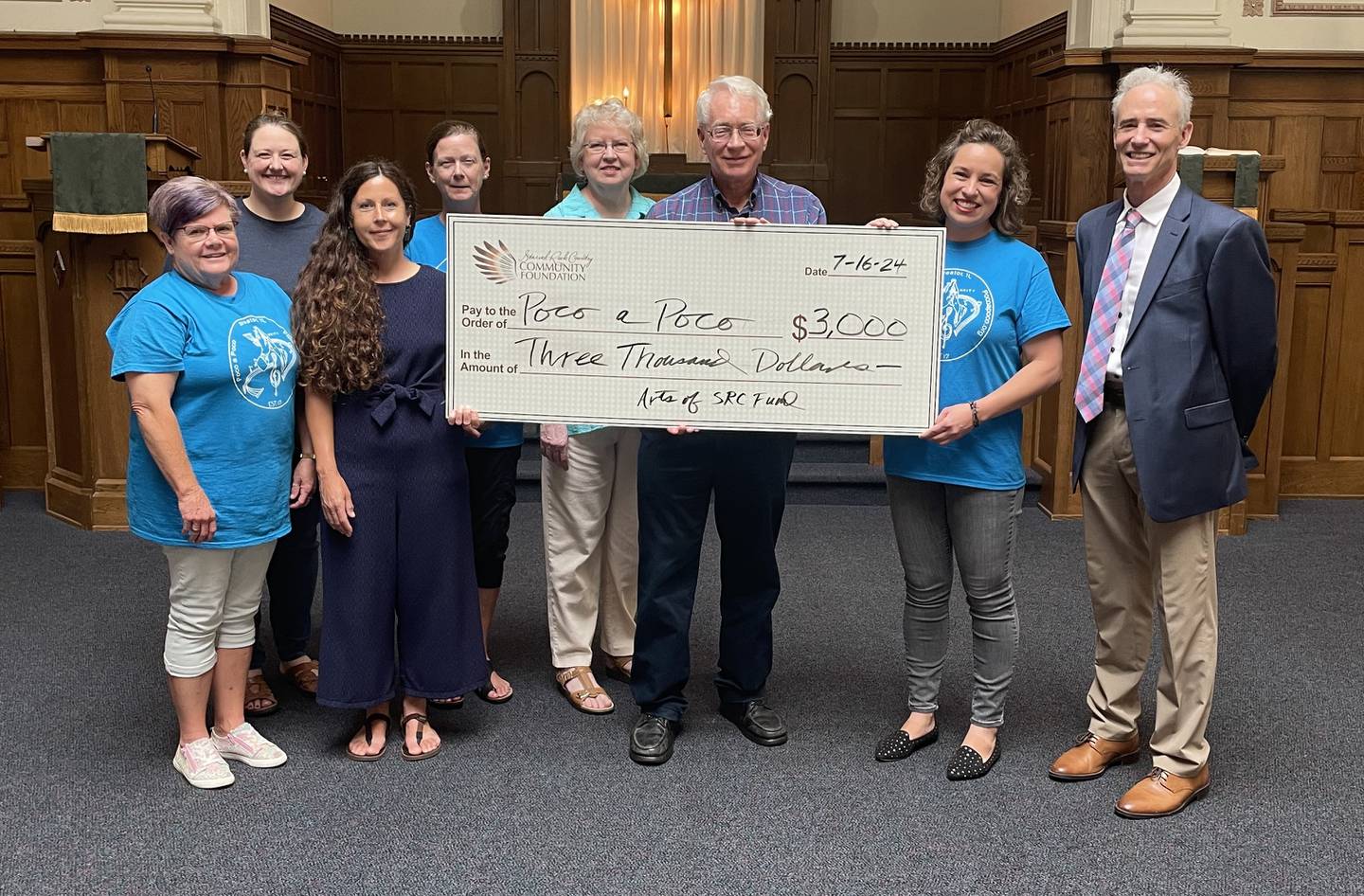 Poco a Poco of Streator received a $3,000 Arts of Starved Rock Country Fund grant for its weeklong “Summer Music Fest’ with musical education for kindergarten through 12th grade students, community events and ensembles. Pictured are Poco board member (from left) Barb Ehling; secretary Jenny Suydam; ASRC Administrator René Parks Wendinger; Poco treasurer Marty Payne; Poco Board President Kathy Tombaugh; SRCCF board chair Reed Wilson; Poco Executive Director Kate Tombaugh and SRCCF President Fran Brolley.